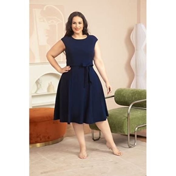 2X 3X Plus Size Curvy Cocktail Bridesmaid Church Funeral Flare Slimming Dress - Picture 10 of 10